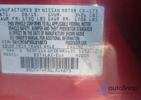 2016 Nissan Versa 1.6 S+ из США, поврежденный, VIN 3N1CN7AP3GL814873